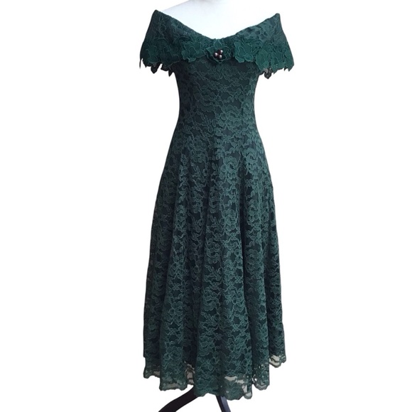 Chalet By Bari Protas Vintage Green Lace Dress Size 5/6 - Picture 11 of 16